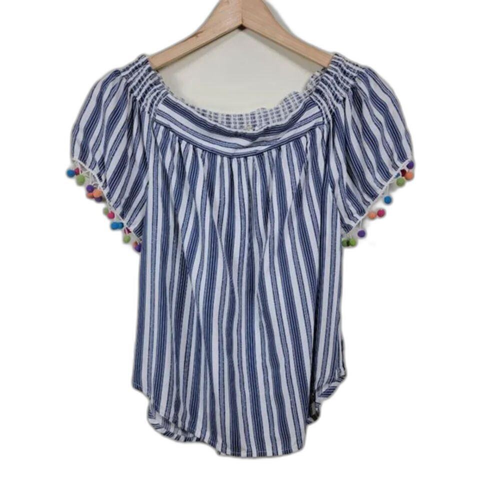 Lily White Striped Crop Top Womens Size M White Blue Rayon Pom Pom Sleeve